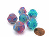 Luminary Gemini 18mm D12 Dice, 6 Pieces - Gel Green-Pink with Blue Numbers