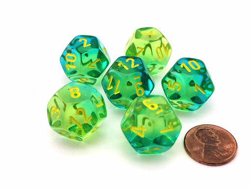 Gemini 18mm D12 Dice, 6 Pieces - Translucent Green-Teal with Yellow Numbers