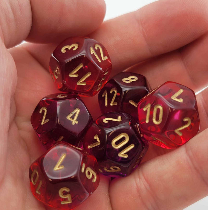 Gemini 18mm D12 Dice, 6 Pieces - Translucent Red-Violet with Gold Numbers