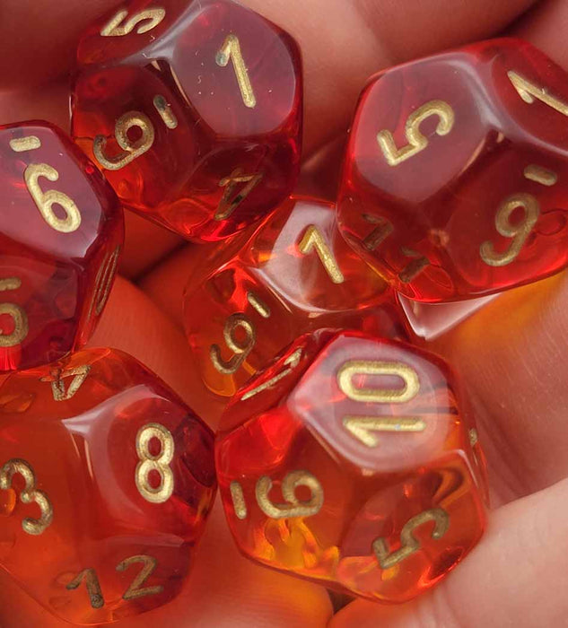 Gemini 18mm D12 Dice, 6 Pieces - Translucent Red-Yellow with Gold Numbers