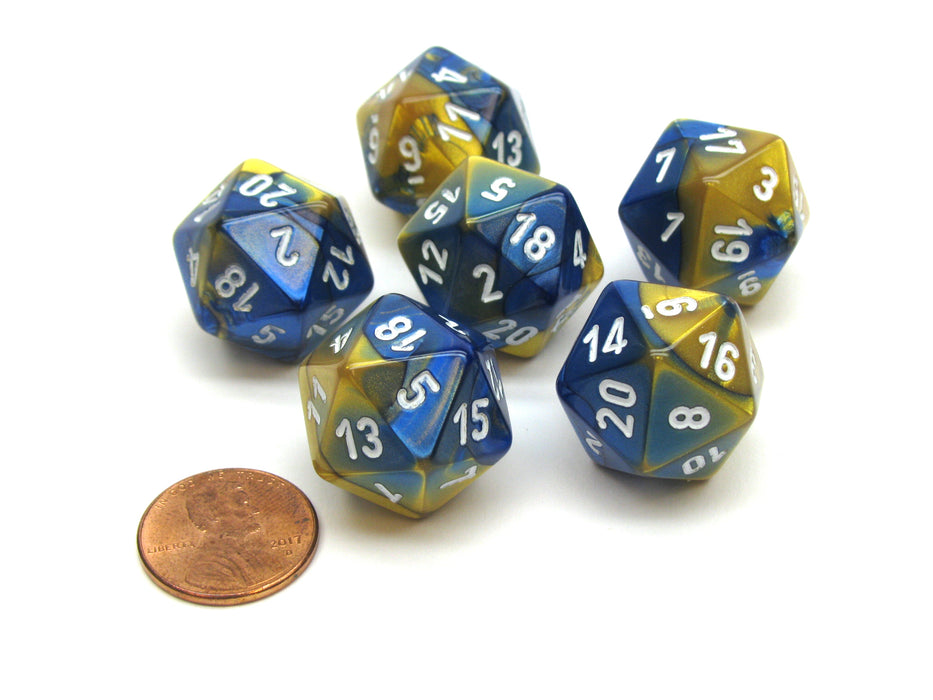 Gemini 20 Sided D20 Chessex Dice, 6 Pieces - Blue-Gold with White Numbers