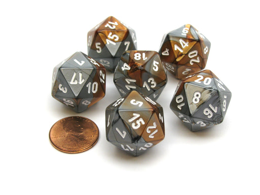 Gemini 20 Sided D20 Chessex Dice, 6 Pieces - Copper-Steel with White Numbers
