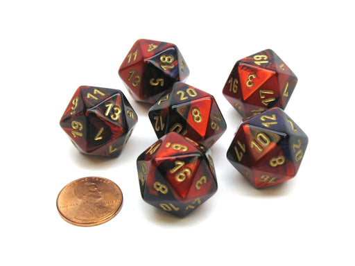 Gemini 20 Sided D20 Chessex Dice, 6 Pieces - Purple-Red with Gold Numbers