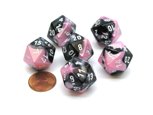 Gemini 20 Sided D20 Chessex Dice, 6 Pieces - Black-Pink with White Numbers