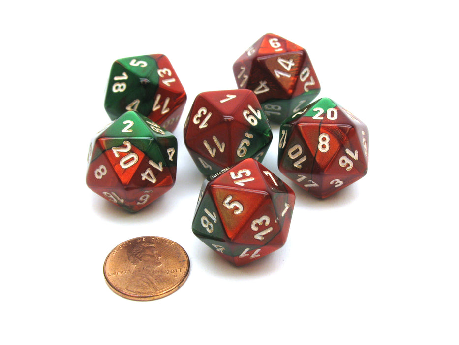 Gemini 20 Sided D20 Chessex Dice, 6 Pieces - Green-Red with White Numbers