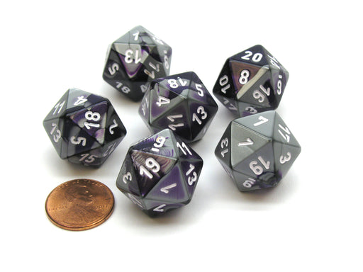 Gemini 20 Sided D20 Chessex Dice, 6 Pieces - Purple-Steel with White Numbers