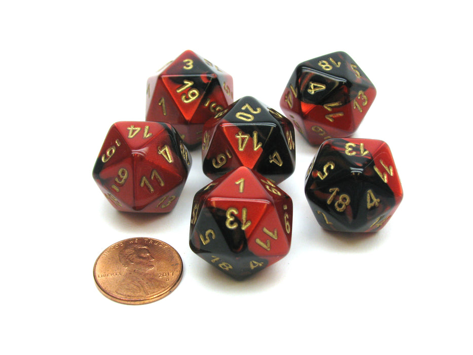 Gemini 20 Sided D20 Chessex Dice, 6 Pieces - Black-Red with Gold Numbers
