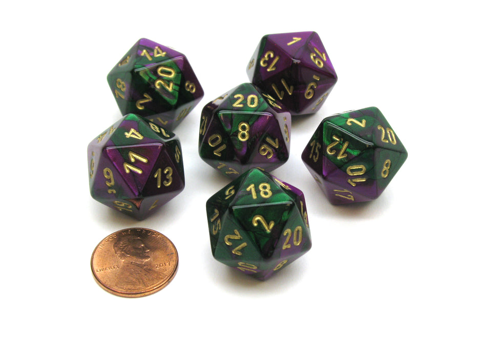 Gemini 20 Sided D20 Chessex Dice, 6 Pieces - Green-Purple with Gold Numbers