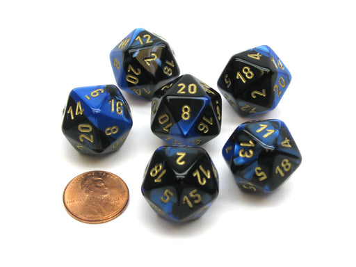 Gemini 20 Sided D20 Chessex Dice, 6 Pieces - Black-Blue with Gold Numbers