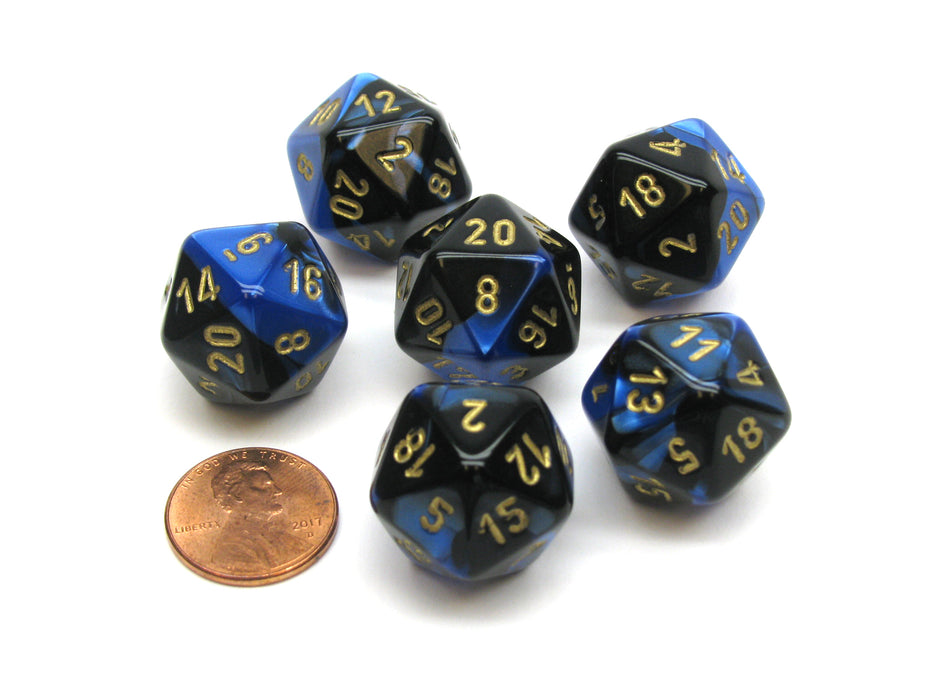 Gemini 20 Sided D20 Chessex Dice, 6 Pieces - Black-Blue with Gold Numbers