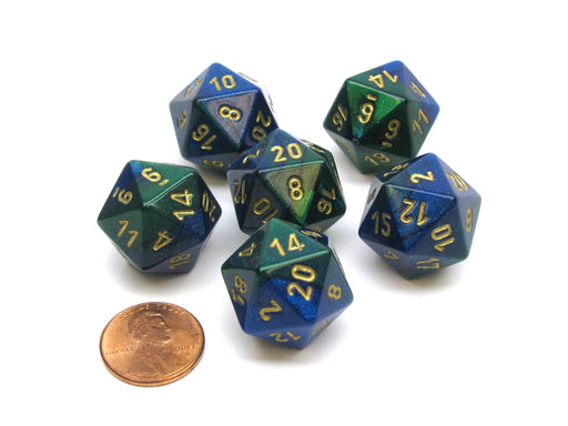 Gemini 20 Sided D20 Chessex Dice, 6 Pieces - Blue-Green with Gold Numbers