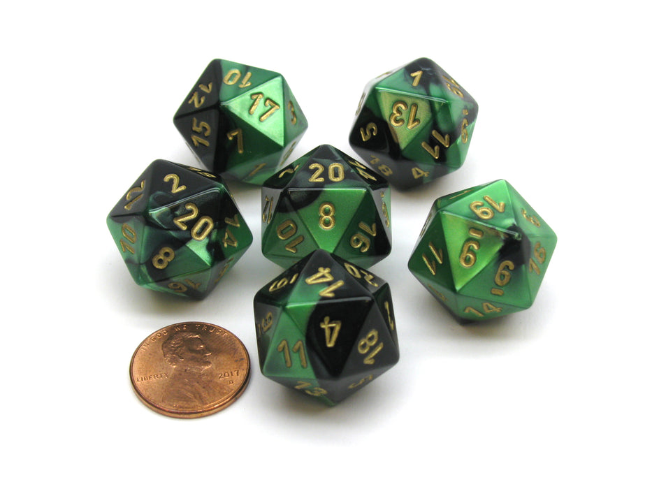 Gemini 20 Sided D20 Chessex Dice, 6 Pieces - Black-Green with Gold Numbers