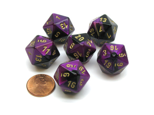 Gemini 20 Sided D20 Chessex Dice, 6 Pieces - Black-Purple with Gold Numbers