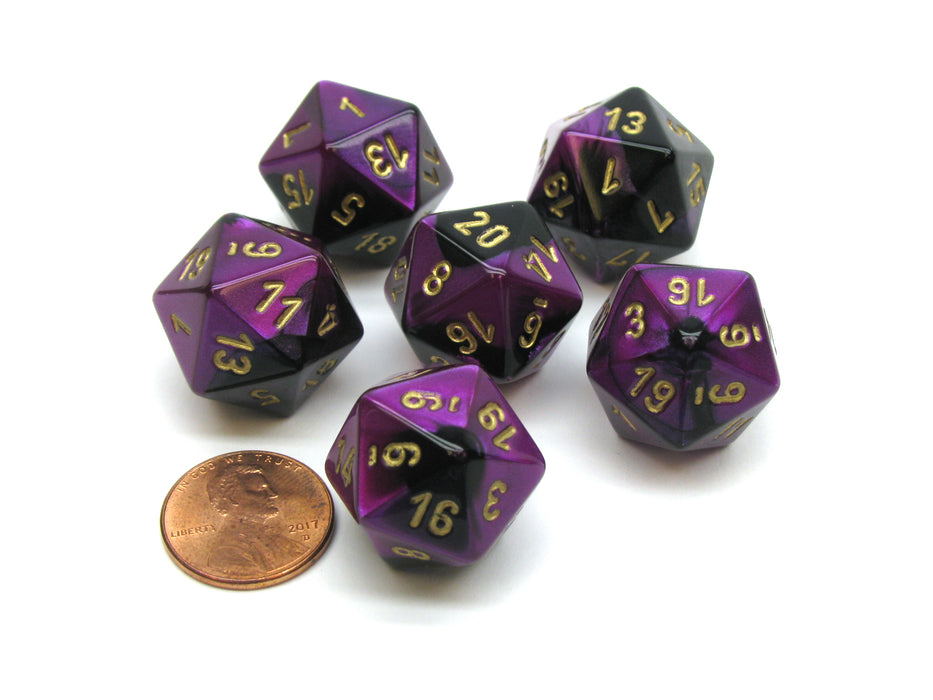 Gemini 20 Sided D20 Chessex Dice, 6 Pieces - Black-Purple with Gold Numbers