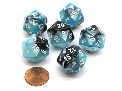 Gemini 20 Sided D20 Chessex Dice, 6 Pieces - Black-Shell with White Numbers
