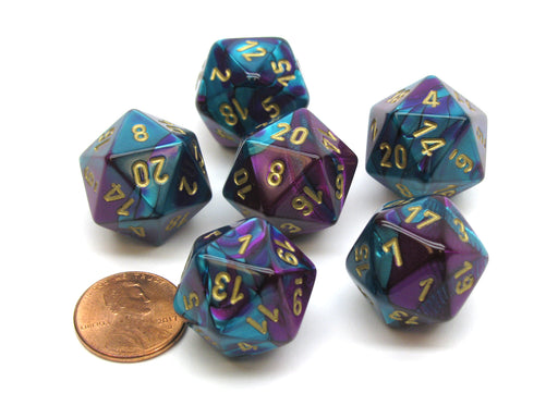 Gemini 20 Sided D20 Chessex Dice, 6 Pieces - Purple-Teal with Gold Numbers
