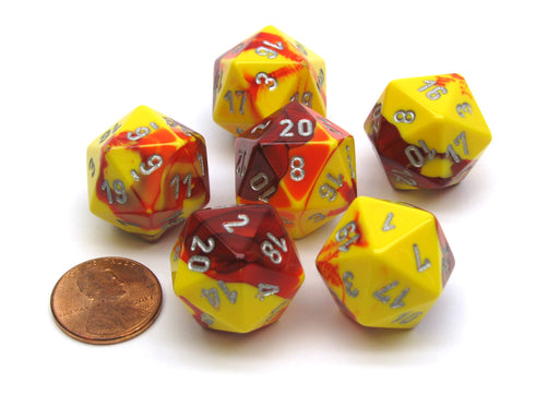 Gemini 20 Sided D20 Chessex Dice, 6 Pieces - Red-Yellow with Silver Numbers