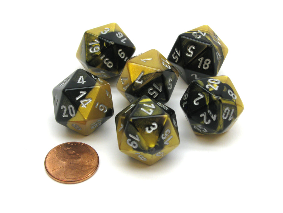 Gemini 20 Sided D20 Chessex Dice, 6 Pieces - Black-Gold with Silver Numbers