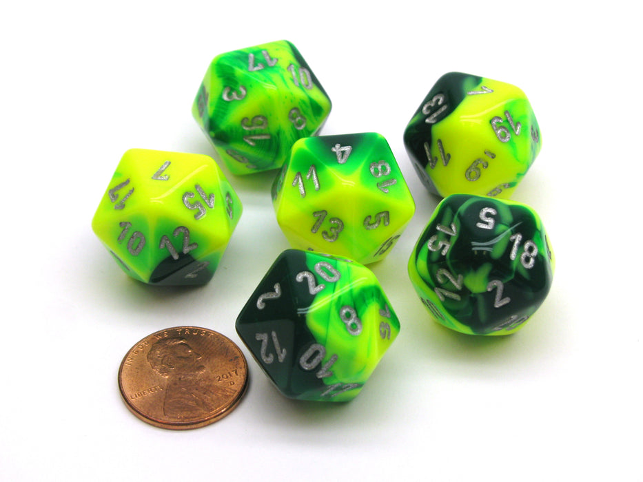 Gemini 20 Sided D20 Chessex Dice, 6 Pieces - Green-Yellow with Silver Numbers