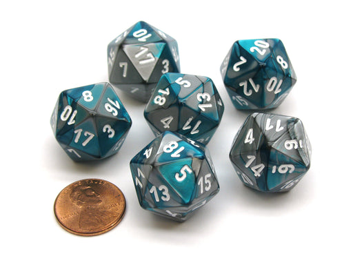 Gemini 20 Sided D20 Chessex Dice, 6 Pieces - Steel-Teal with White Numbers