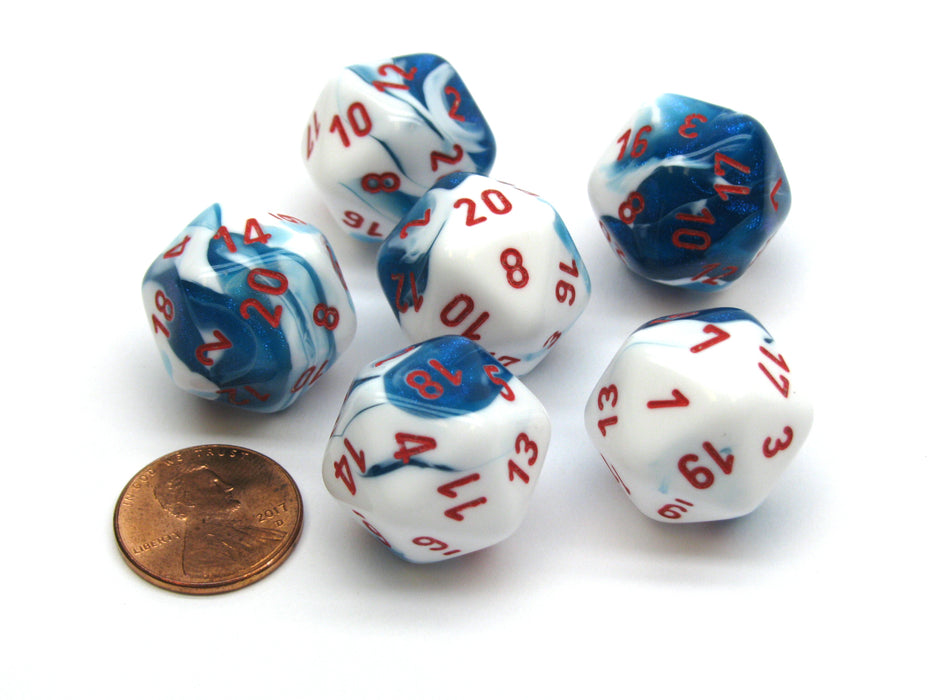 Gemini 20 Sided D20 Chessex Dice, 6 Pieces - Astral Blue-White with Red Numbers