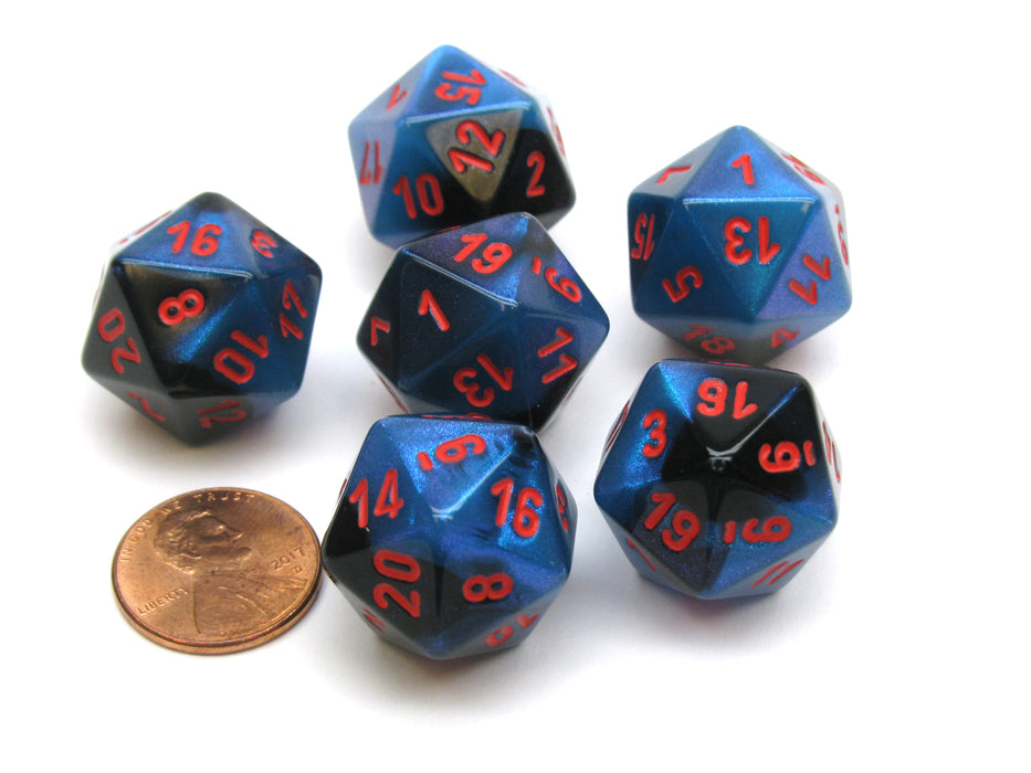 Gemini 20 Sided D20 Chessex Dice, 6 Pieces - Black-Starlight with Red Numbers