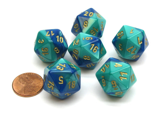 Gemini 20 Sided D20 Chessex Dice, 6 Pieces - Blue-Teal with Gold Numbers