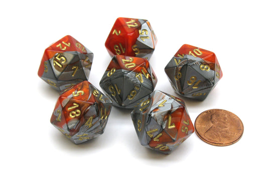 Gemini 20 Sided D20 Chessex Dice, 6 Pieces - Orange-Steel with Gold Numbers