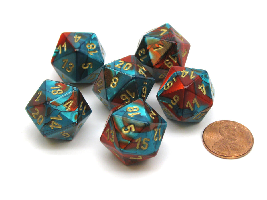Gemini 20 Sided D20 Chessex Dice, 6 Pieces - Red-Teal with Gold Numbers