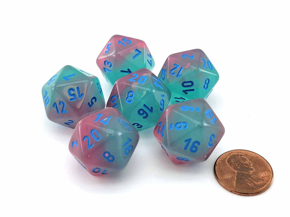 Luminary Gemini 20 Sided D20 Dice, 6 Pieces - Gel Green-Pink with Blue Numbers