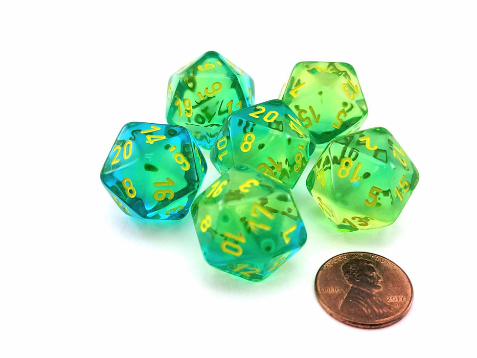 Gemini 20 Sided D20 Dice, 6 Pieces - Translucent Green-Teal with Yellow Numbers
