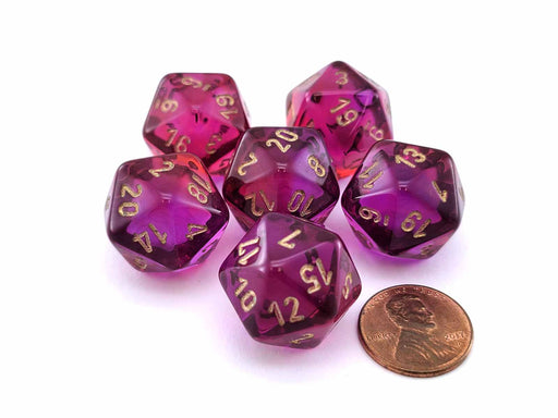 Gemini 20 Sided D20 Dice, 6 Pieces - Translucent Red-Violet with Gold Numbers