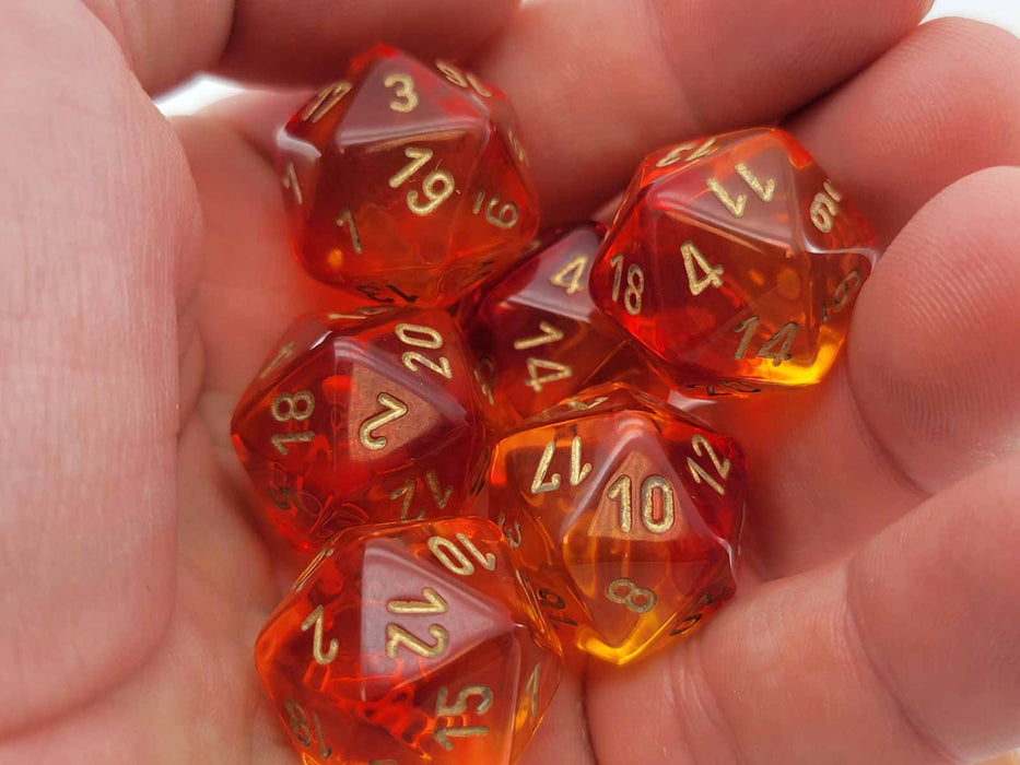 Gemini 20 Sided D20 Dice, 6 Pieces - Translucent Red-Yellow with Gold Numbers