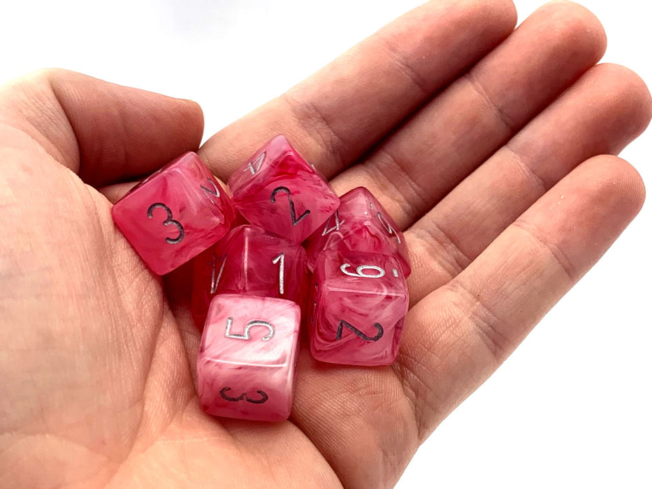 Ghostly 15mm 6 Sided D6 Chessex Dice, 6 Pieces - Pink with Silver Numbers