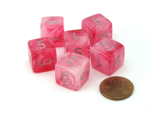 Ghostly 15mm 6 Sided D6 Chessex Dice, 6 Pieces - Pink with Silver Numbers