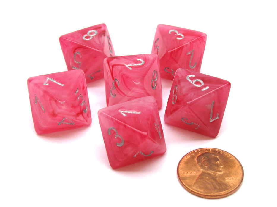 Ghostly Glow 15mm 8 Sided D8 Chessex Dice, 6 Pieces - Pink with Silver