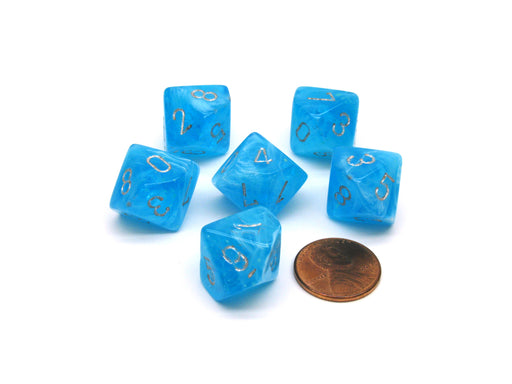 Luminary 16mm D10 (0-9) Chessex Dice, 6 Pieces - Sky with Silver Numbers