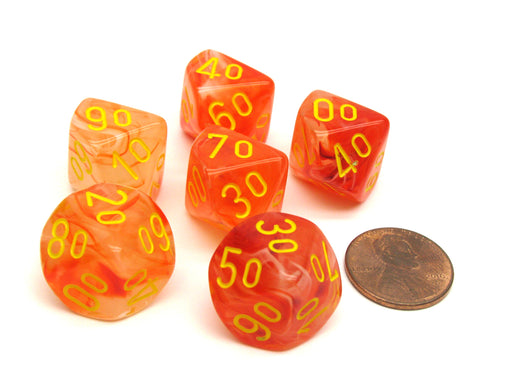 Ghostly 16mm Tens D10 (00-90) Dice, 6 Pieces - Orange with Yellow Numbers