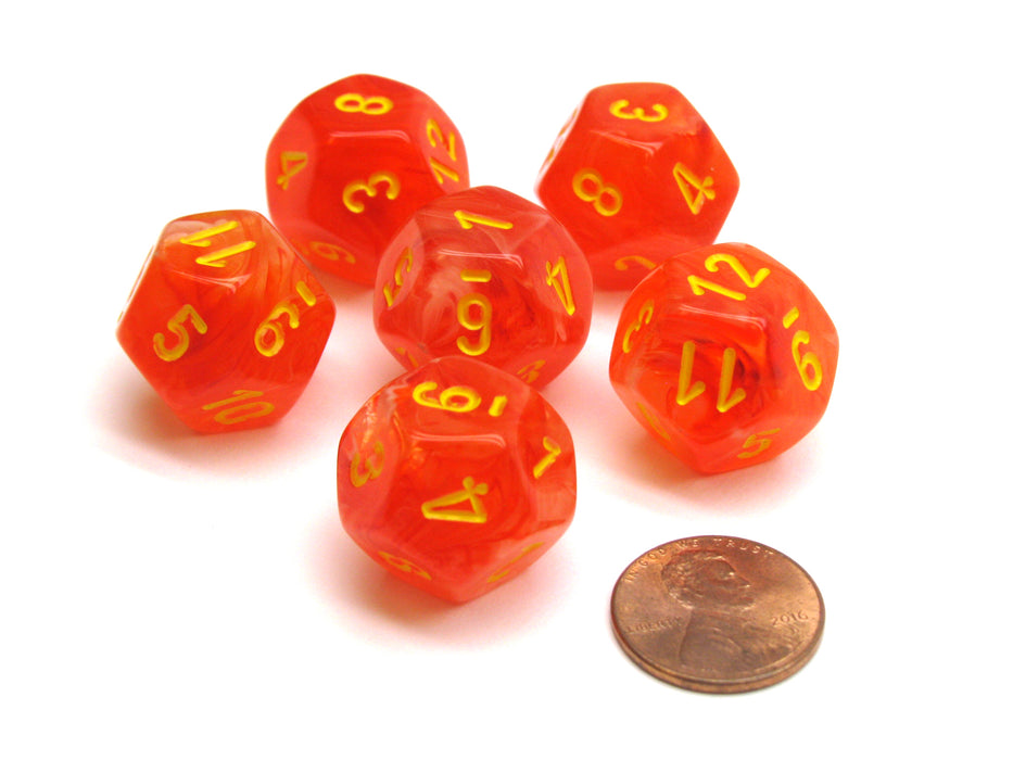 Ghostly Glow 18mm 12 Sided D12 Chessex Dice, 6 Pieces - Orange with Yellow