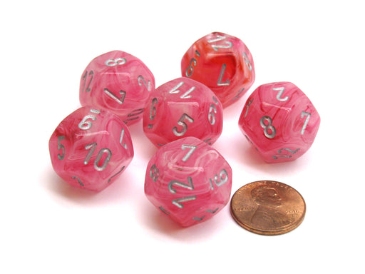 Ghostly Glow 18mm 12 Sided D12 Chessex Dice, 6 Pieces - Pink with Silver