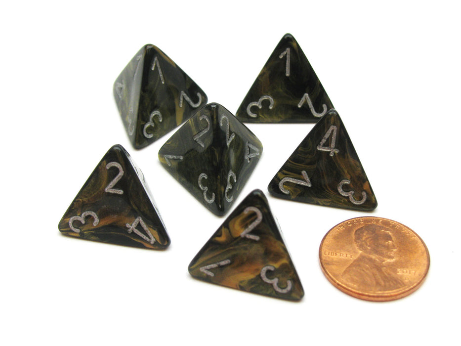 Leaf 18mm 4 Sided D4 Chessex Dice, 6 Pieces - Black Gold with Silver