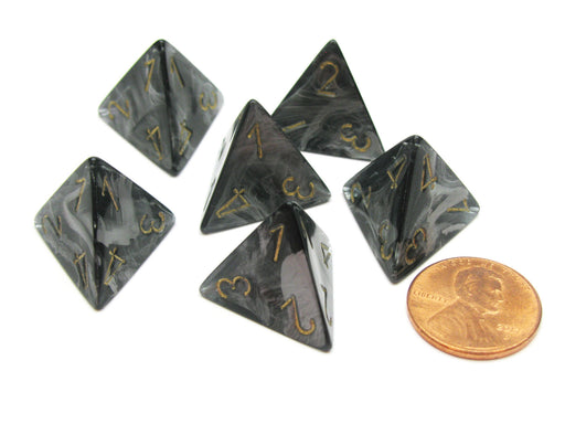 Lustrous 18mm 4 Sided D4 Chessex Dice, 6 Pieces - Black with Gold