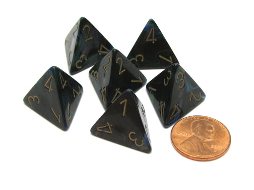 Lustrous 18mm 4 Sided D4 Chessex Dice, 6 Pieces - Shadow with Gold