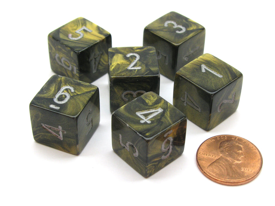 Leaf 15mm 6-Sided D6 Numbered Chessex Dice, 6 Pieces - Black Gold with Silver