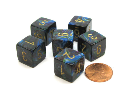 Lustrous 15mm 6-Sided D6 Numbered Chessex Dice, 6 Pieces - Shadow with Gold