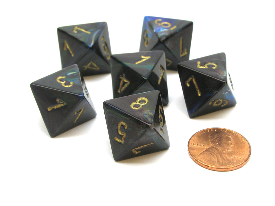 Lustrous 15mm 8 Sided D8 Chessex Dice, 6 Pieces - Shadow with Gold