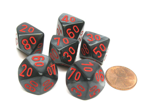 Velvet 16mm Tens D10 (00-90) Chessex Dice, 6 Pieces - Black with Red Numbers
