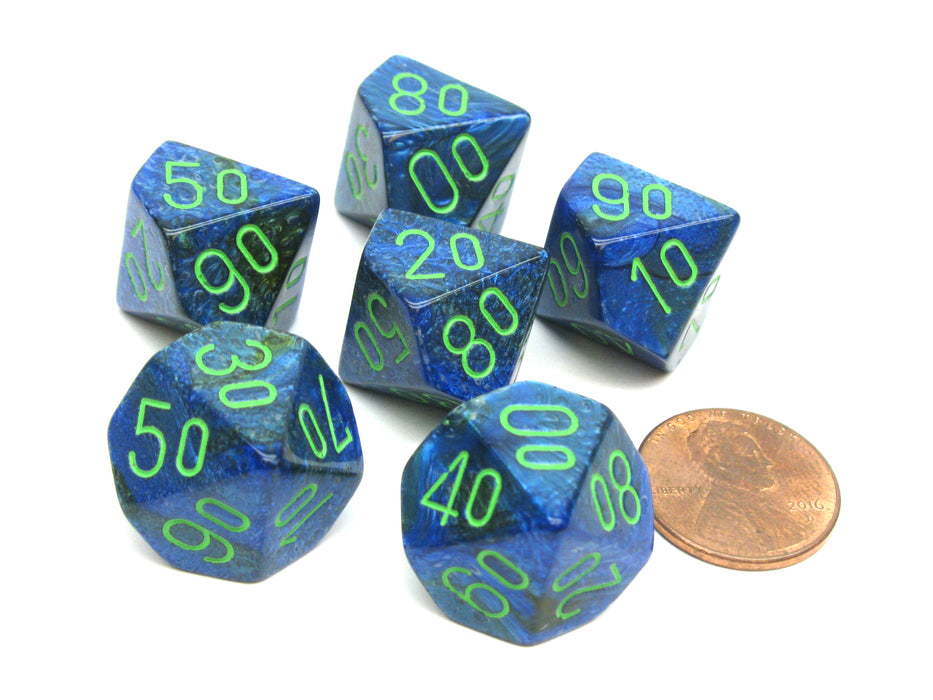 Lustrous 16mm Tens D10 (00-90) Dice, 6 Pieces - Dark Blue with Green Numbers