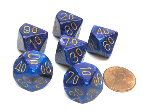 Lustrous 16mm Tens D10 (00-90) Chessex Dice, 6 Pieces - Purple with Gold Numbers