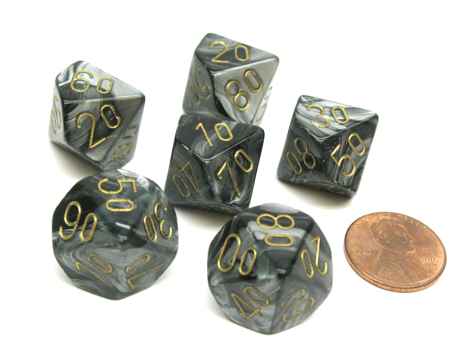Lustrous 16mm Tens D10 (00-90) Chessex Dice, 6 Pieces - Black with Gold Numbers